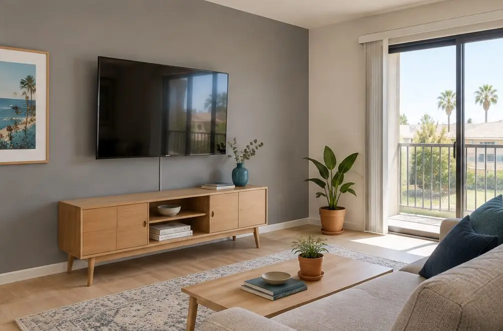 Illustration: a 43-inch TV, screen off, on a plain white wall of a small apartment living room with a loveseat, a floor lamp and a sliding door to a balcony