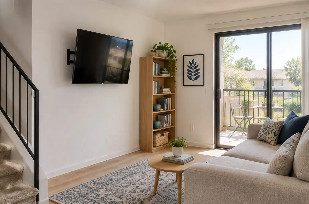 Illustration: a TV, screen off, on a plain interior wall of a compact townhome living room with a staircase on one side and a sofa facing it