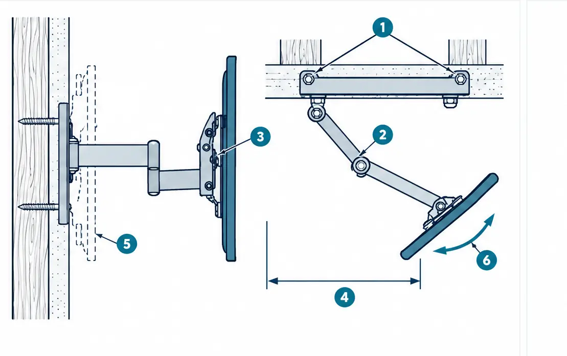 Diagram: side and top views of a full-motion TV arm anchored across two studs