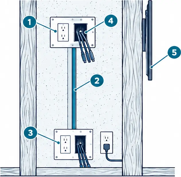 Diagram: side section of a drywall cavity between two studs with an upper recessed box behind a wall-mounted TV, rated in-wall cable, a lower inlet box and a short cord to an existing outlet
