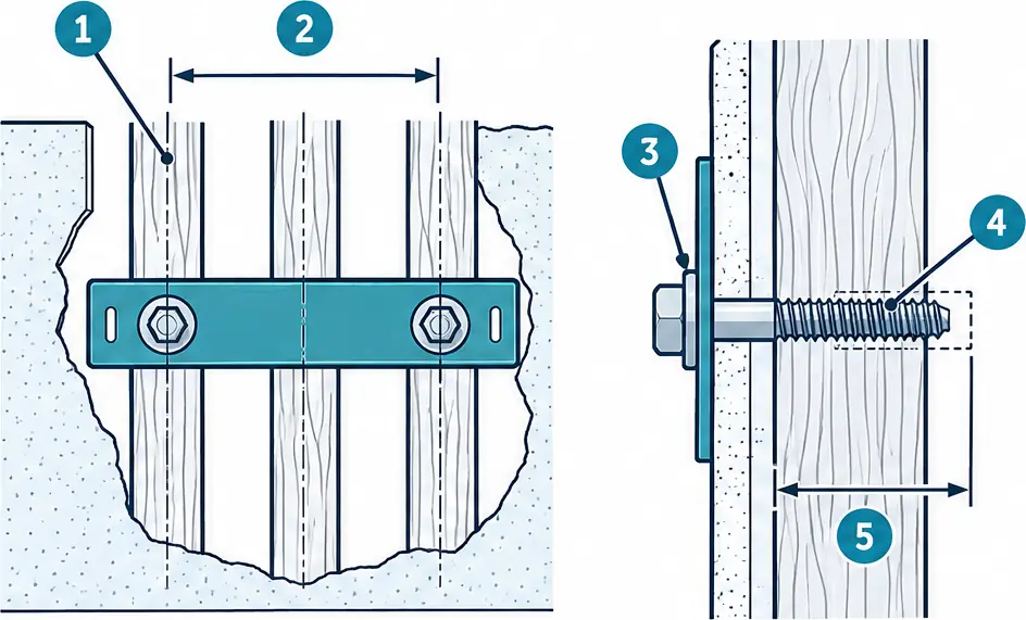 Diagram: front cutaway of a wall plate spanning two wood studs with a lag bolt in each, and an enlarged side section of one bolt biting into the stud