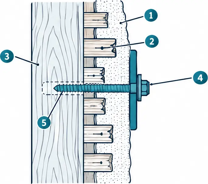Diagram: side section of a plaster wall over wood lath and a stud, a long lag bolt through the plaster and lath deep into the stud, with a dashed pilot hole