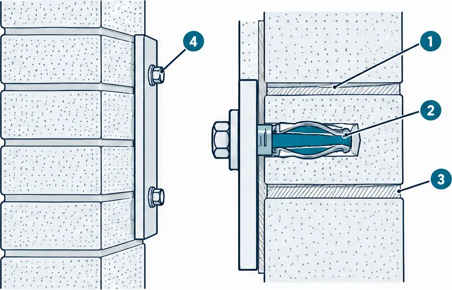 Diagram: side section of a brick wall with a plate held by sleeve anchors set in the body of the brick, one cut away to show the expanded sleeve, and a mortar joint beside it