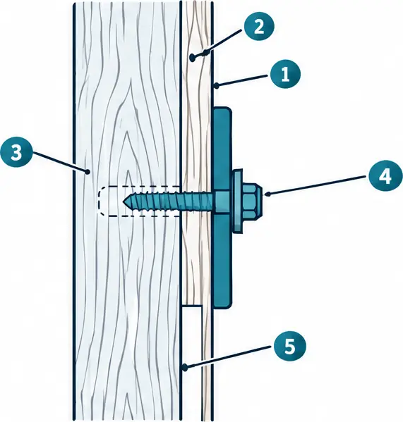 Diagram: side section of thin wood paneling over studs, a lag bolt through a plate and a spacer washer stack, passing through the paneling into a wood stud, with the empty gap behind the paneling
