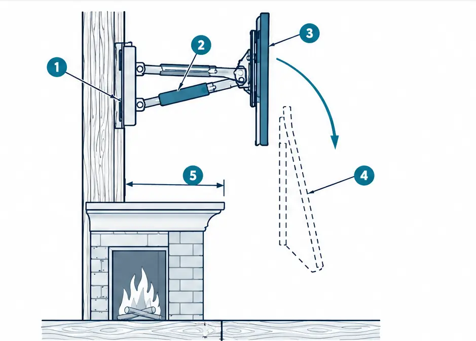 Diagram: side section of a pull-down fireplace mount lowering the TV in front of the mantel