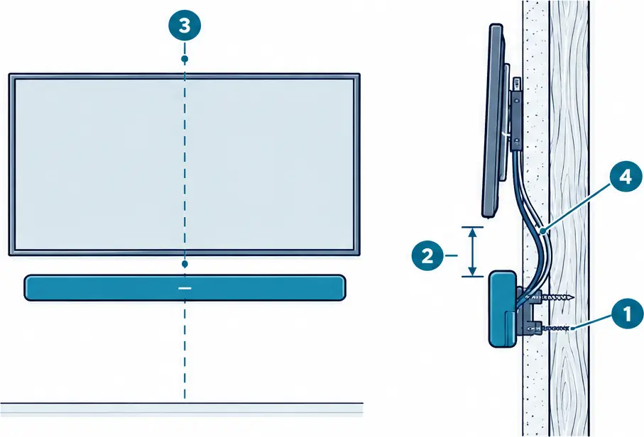 Diagram: front and side views of a wall-mounted TV with a soundbar on its own wall bracket below it, a gap between them, and short cables behind the bar