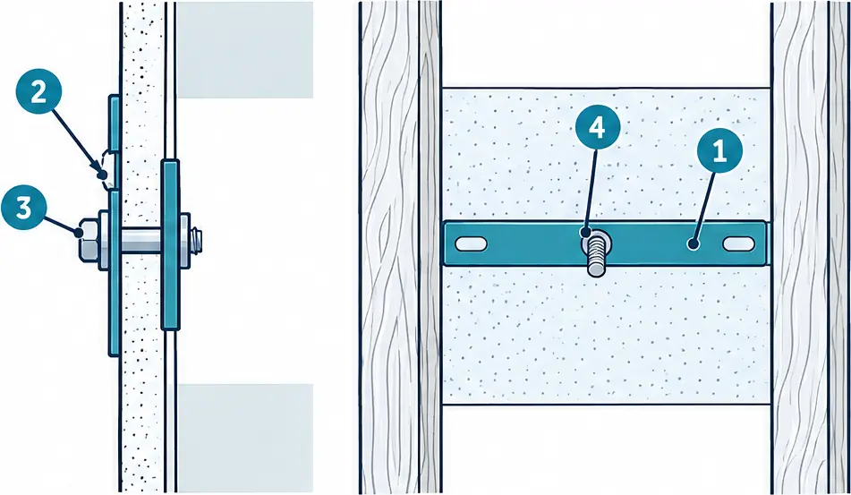 Diagram: side section and cavity view of a strap toggle anchor, a flat steel channel lying flat across the back of the drywall held by a machine bolt through a wall plate