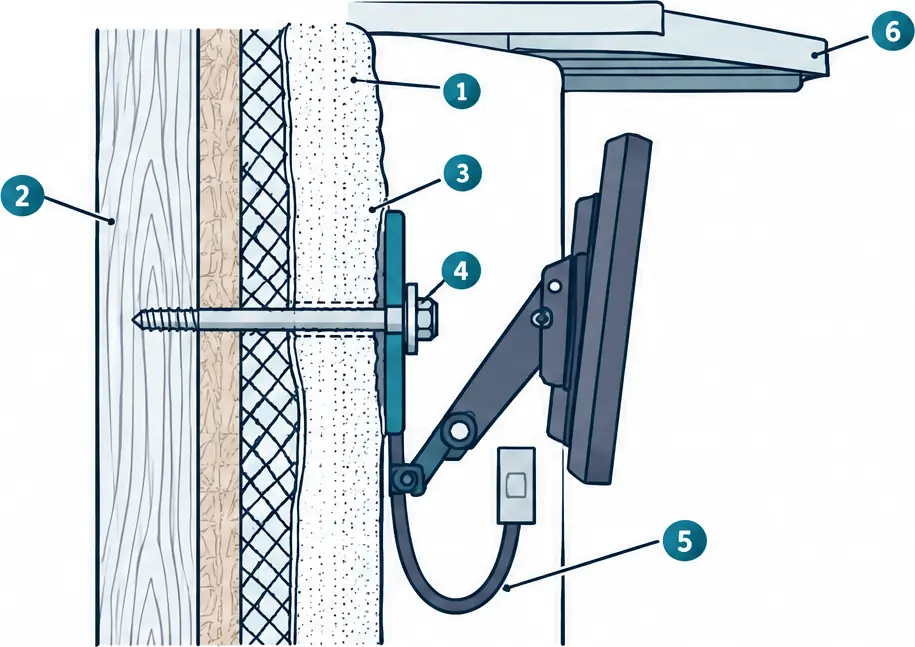 Diagram: side section of a stucco patio wall with a stainless lag bolt through the stucco into a stud, a sealant bead, a TV on a tilting bracket under a patio cover and a cable drip loop