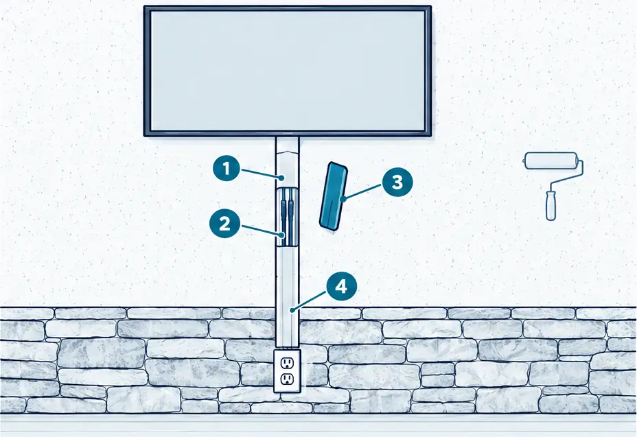 Diagram: front view of a wall with a TV, a slim paintable raceway running straight down from behind the TV to an outlet, and a cutaway of the raceway showing the cables inside