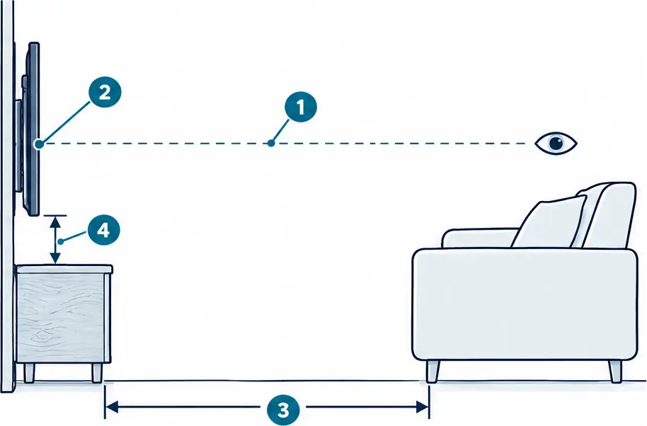 Diagram: side view of a living room with a sofa, a seated eye line, a TV on the wall with the screen center near the eye line, a console below it and a viewing distance line