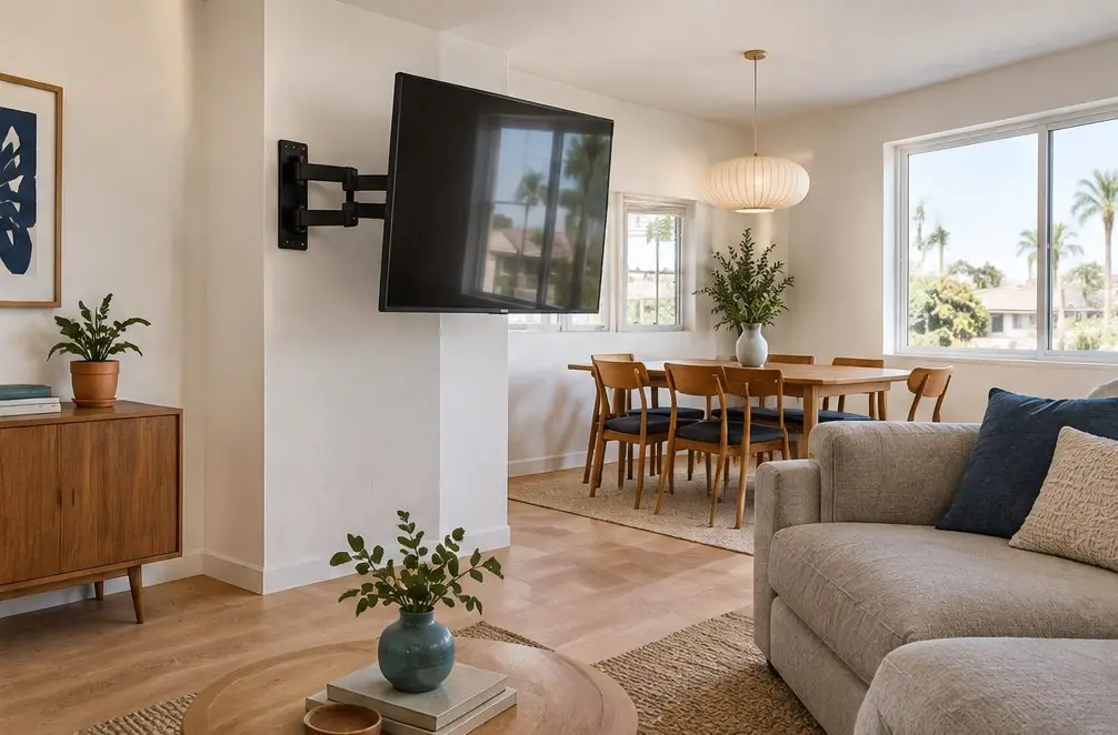 Illustration: a switched-off TV on an extended articulating arm pointing from a corner into a living room, with a dining table in the background, no people