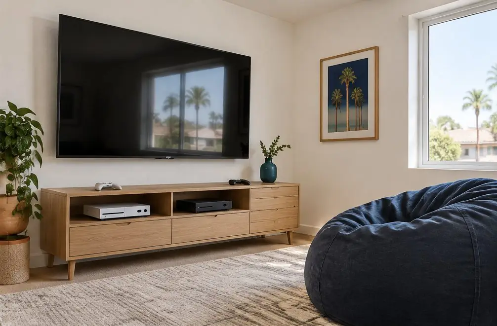 Illustration: a large switched-off TV on a wall above a low media shelf with game consoles and a beanbag chair in a bonus room, no people