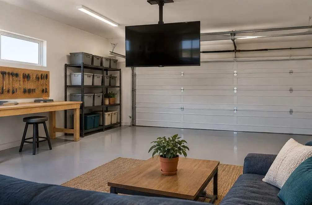 Illustration: a switched-off TV on a ceiling drop mount in a tidy two-car garage with a workbench, shelves and a closed roll-up door, no people