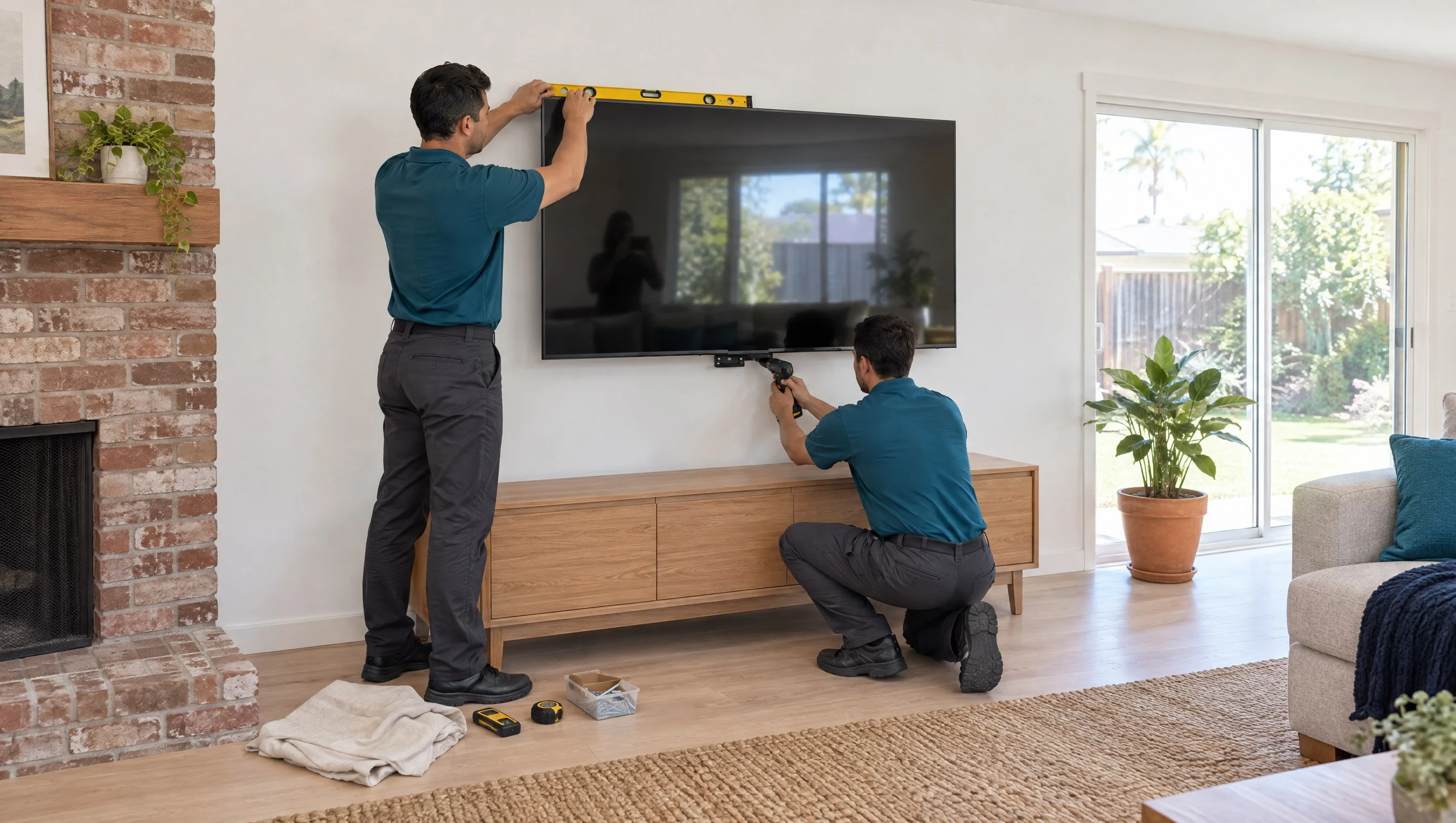 Illustration: two installers in matching petrol-blue work uniforms mounting a TV on a family-room wall in a bright Garden Grove ranch home, one leveling the TV while the other tightens the bracket's safety screw; the TV screen is off and reflects a window (AI-generated)