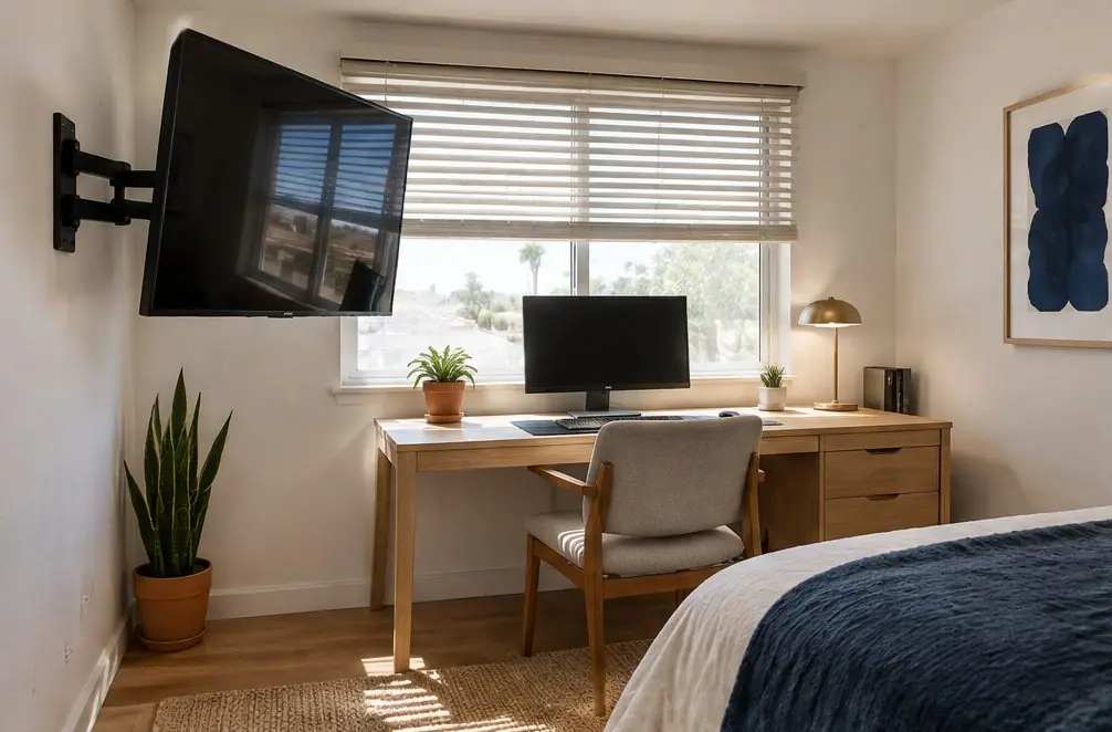 Illustration: a switched-off TV on a swing arm beside a desk and a window in a small converted bedroom office, with blinds half closed and no people