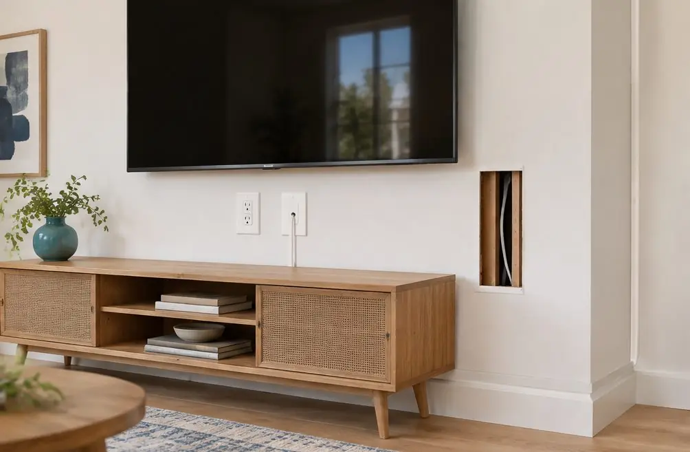 Illustration: a wall cutaway of a switched-off TV with two wall plates, a cable in a stud bay and a low media shelf; a separate panel shows a white surface raceway, no people