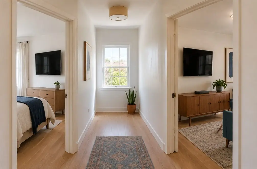 Illustration: a hallway of a Garden Grove ranch home with open doors showing a bedroom wall and a den wall each with a TV, all screens off