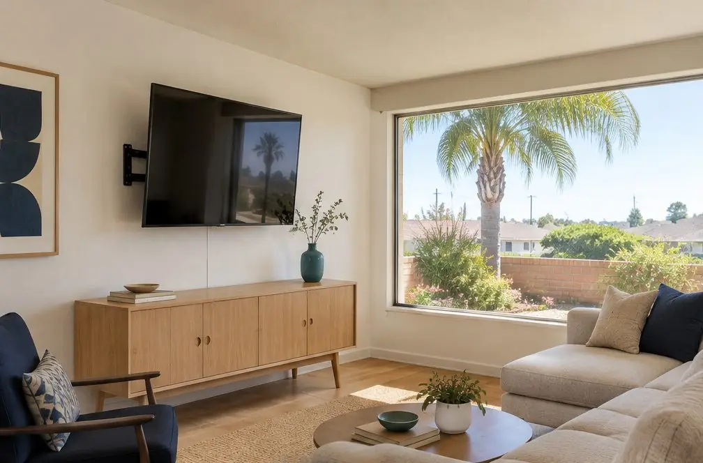 Illustration: a 55-inch TV, screen off, on a fixed wall mount over a low console in a ranch-house family room with a low ceiling, a sofa and a window to the yard