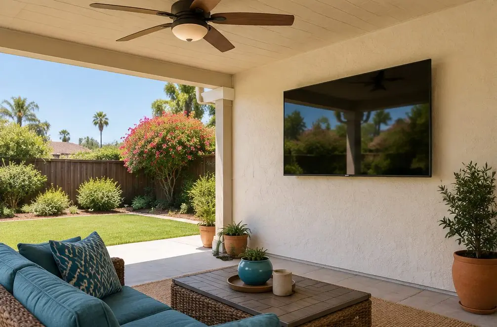 Illustration: a TV, screen off, on a stucco wall of a covered backyard patio with outdoor chairs, a small table and a grill in the background