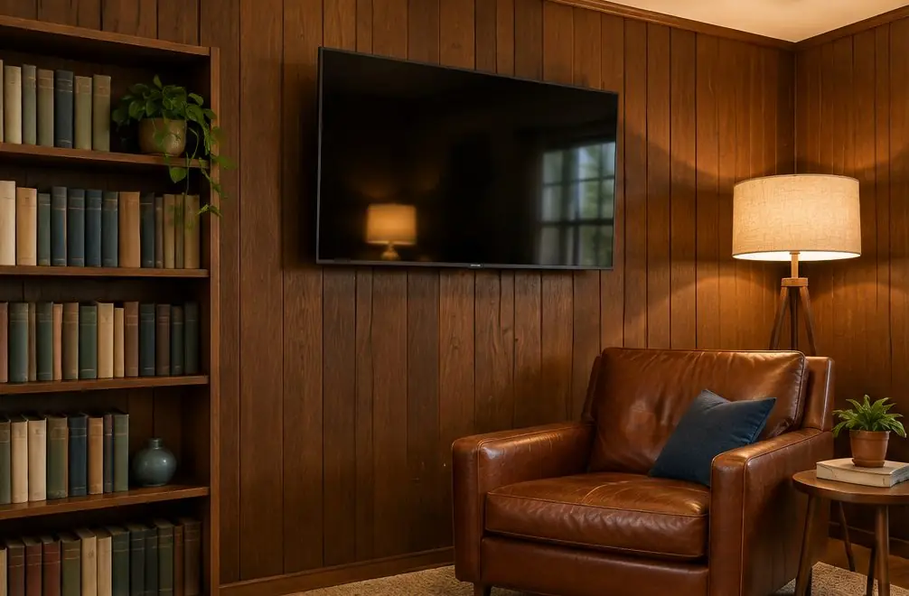 Illustration: a TV, screen off, on a swing arm against wood-paneled walls of a cozy den with an armchair, a bookshelf and a small side table