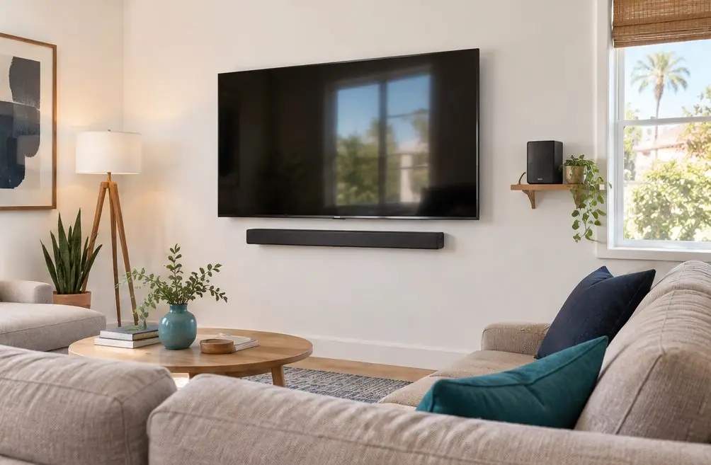 Illustration: a switched-off TV on a wall with a slim soundbar mounted below it and a small rear speaker on a shelf at the side of a living room, no people