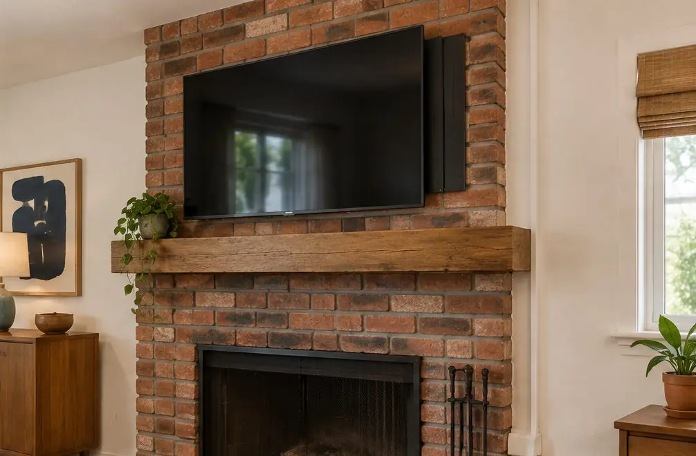 Illustration: a TV, screen off, above a brick fireplace with a wood mantel in an older living room with painted trim and a pull-down arm visible at the side