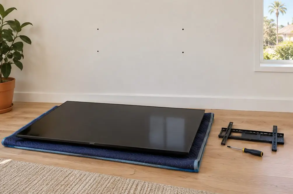 Illustration: a bare wall with a few small screw marks next to a switched-off TV resting on a blanket on the floor, with a bracket and a screwdriver beside it, no people