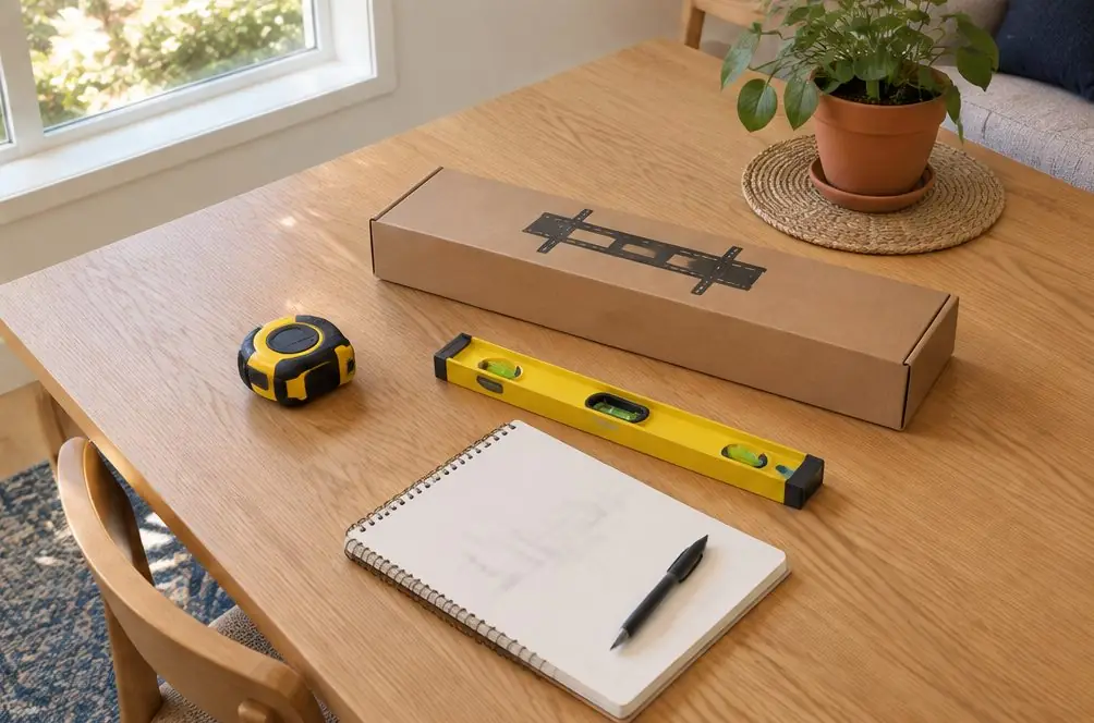 Illustration: a tape measure, a spirit level, a boxed TV bracket and a notepad with blurred figures on a wooden table in a Garden Grove family room, no people