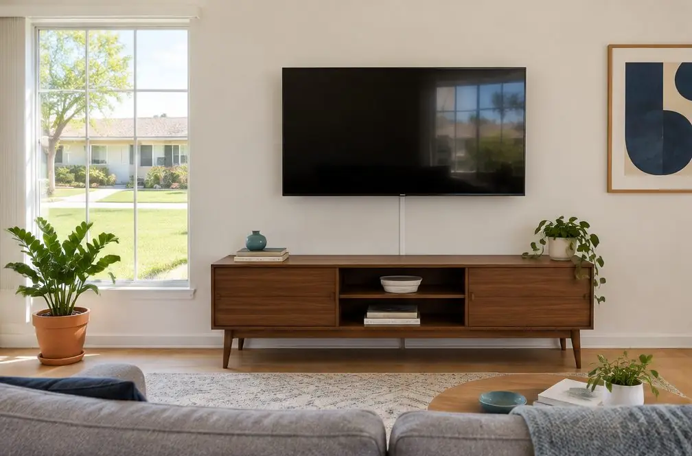 Illustration: a 55-inch TV with the screen off on a fixed wall mount above a low walnut console in a bright Garden Grove living room with a gray sofa and a front window